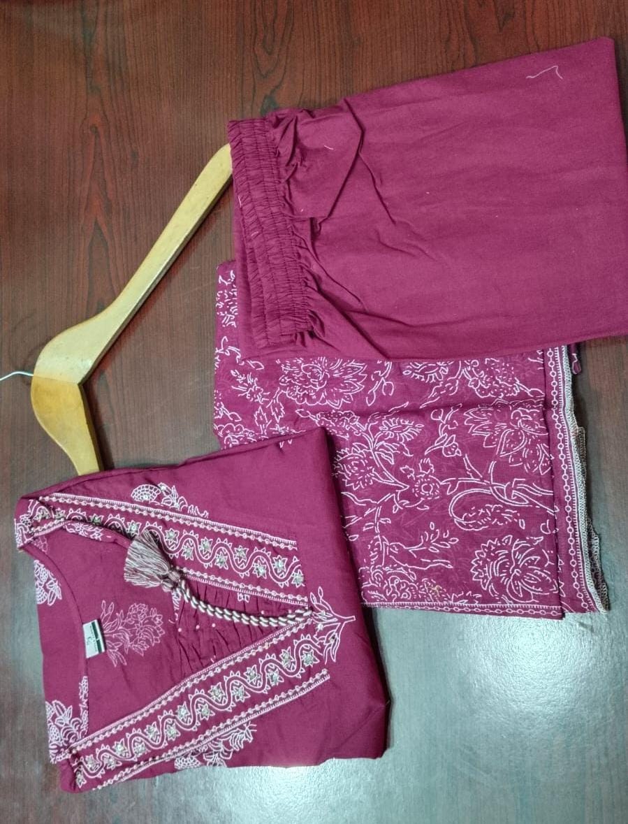 Maroon Handwork Cotton Kurta Pant Dupatta Set