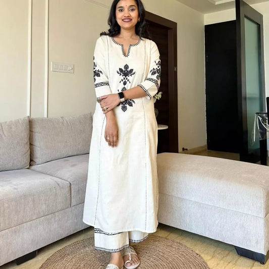 White Embroidery South Cotton Kurta And Pant Set For Women