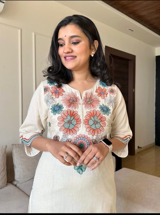 Off White Embroidery Cotton Flex Kurta And Pant Set For Women