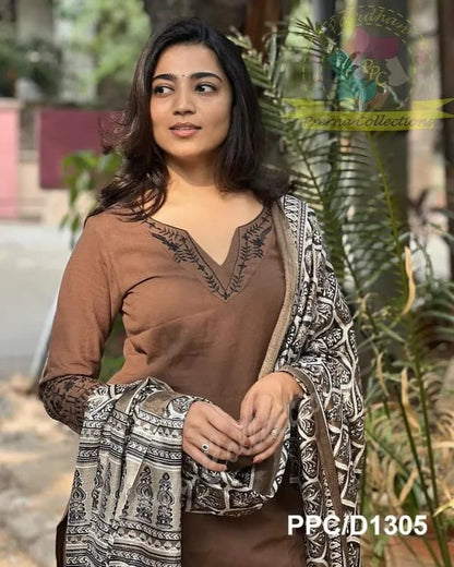 Women Trendy Embroidred Cotton Brown Kurta With Pant and Dupatta