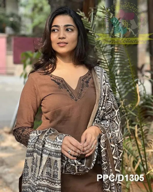 Women Trendy Embroidred Cotton Brown Kurta With Pant and Dupatta