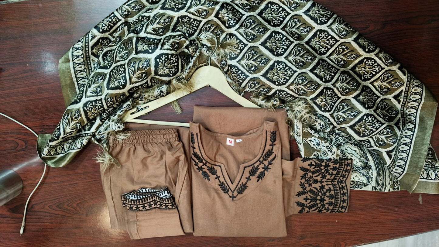 Women Trendy Embroidred Cotton Brown Kurta With Pant and Dupatta