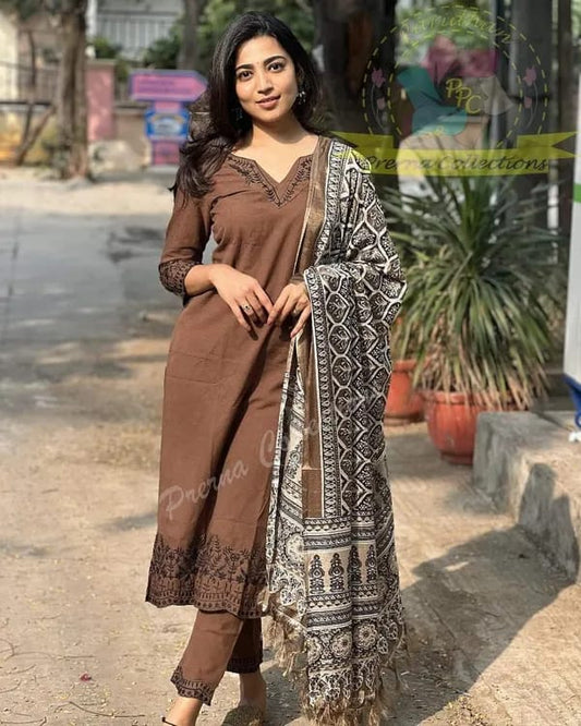 Women Trendy Embroidred Cotton Brown Kurta With Pant and Dupatta