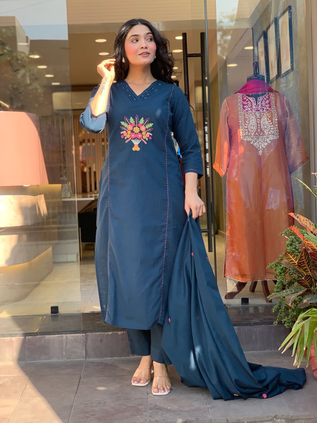 Women Trendy Embroidred Cotton Flex Blue Kurta With Pant and Dupatta