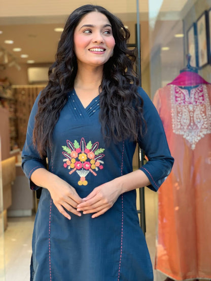 Women Trendy Embroidred Cotton Flex Blue Kurta With Pant and Dupatta