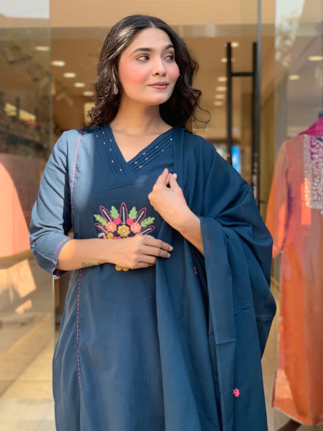 Women Trendy Embroidred Cotton Flex Blue Kurta With Pant and Dupatta