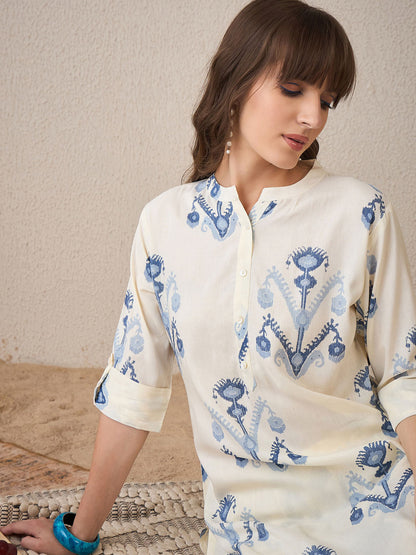 Ivory Blue Printed Cotton Kurta Palazzo Set