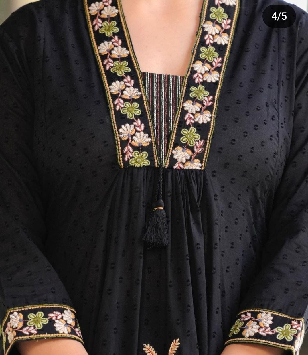 Women Attractive Embroidred Cotton Black Kurta With Pant and Dupatta