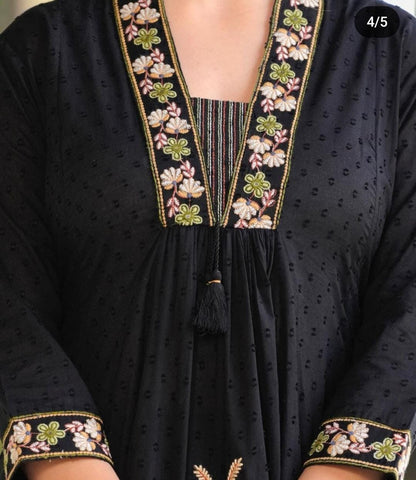 Women Attractive Embroidred Cotton Black Kurta With Pant and Dupatta