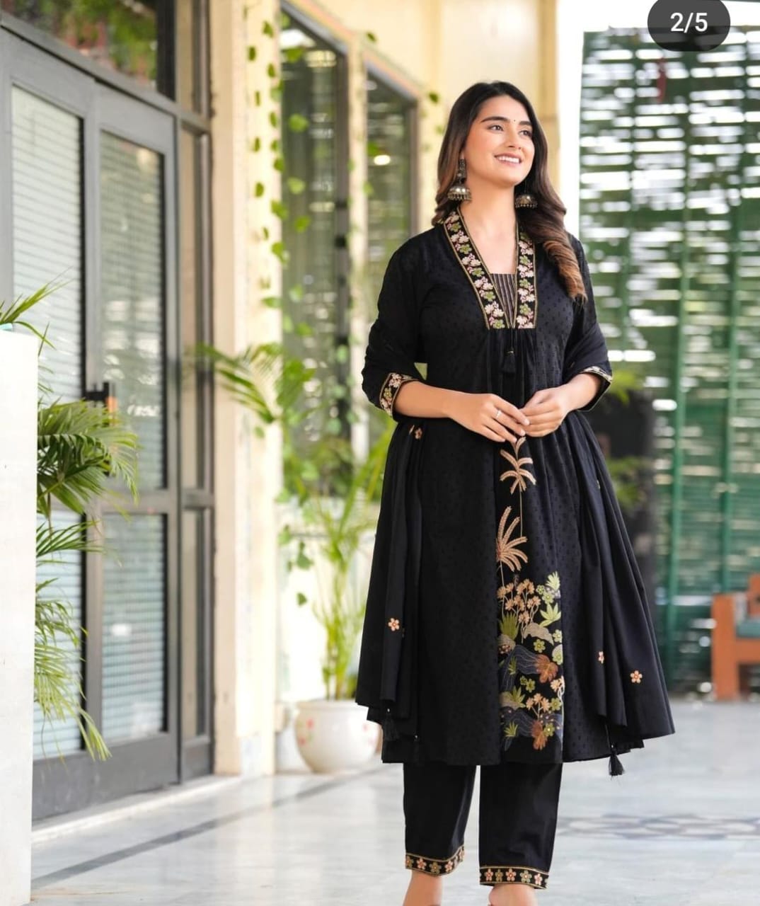 Women Attractive Embroidred Cotton Black Kurta With Pant and Dupatta