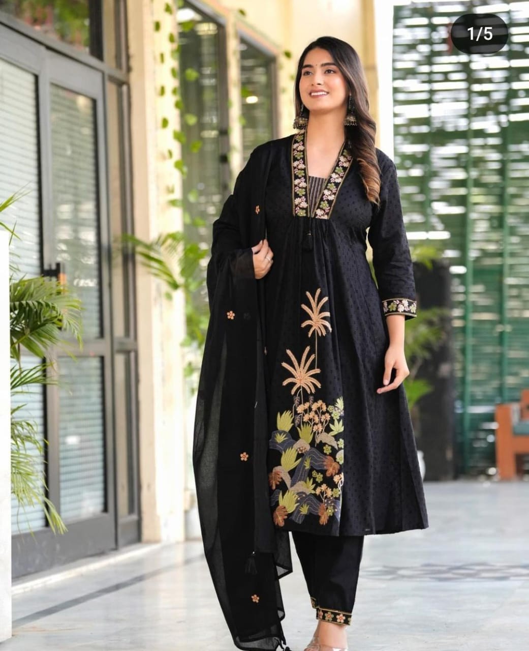 Women Attractive Embroidred Cotton Black Kurta With Pant and Dupatta
