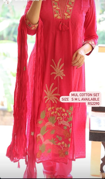 Women Attractive Embroidred Cotton Pink Kurta With Pant and Dupatta