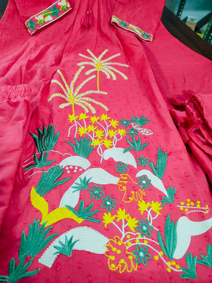 Women Attractive Embroidred Cotton Pink Kurta With Pant and Dupatta