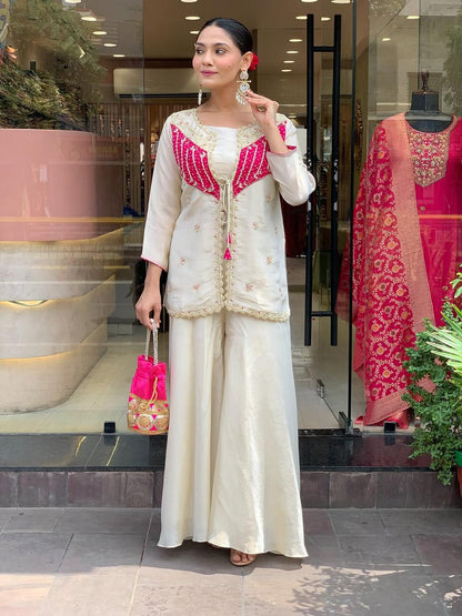 Women Trendy Embroidred Chinon Silk White Kurta With Pant