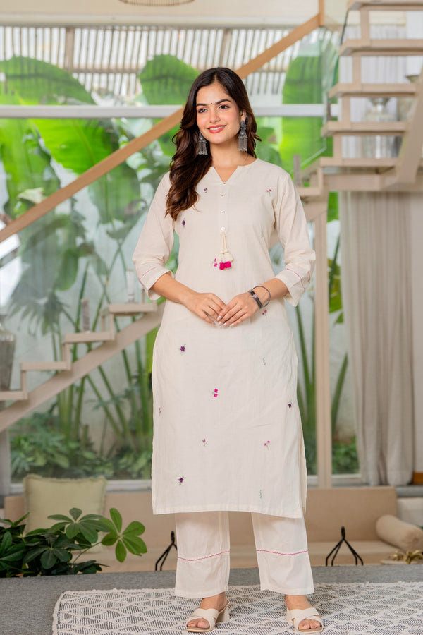 Women Trendy Embroidred Cotton White Kurta With Pant