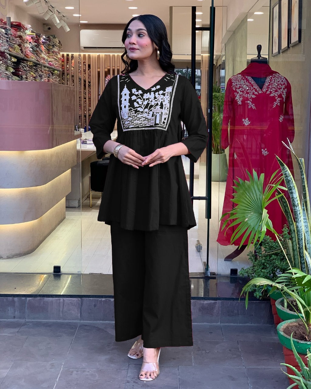 Women Trendy Embroidred Cotton Black Kurta With Pant