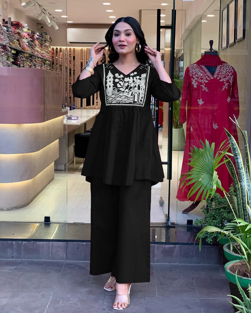 Women Trendy Embroidred Cotton Black Kurta With Pant
