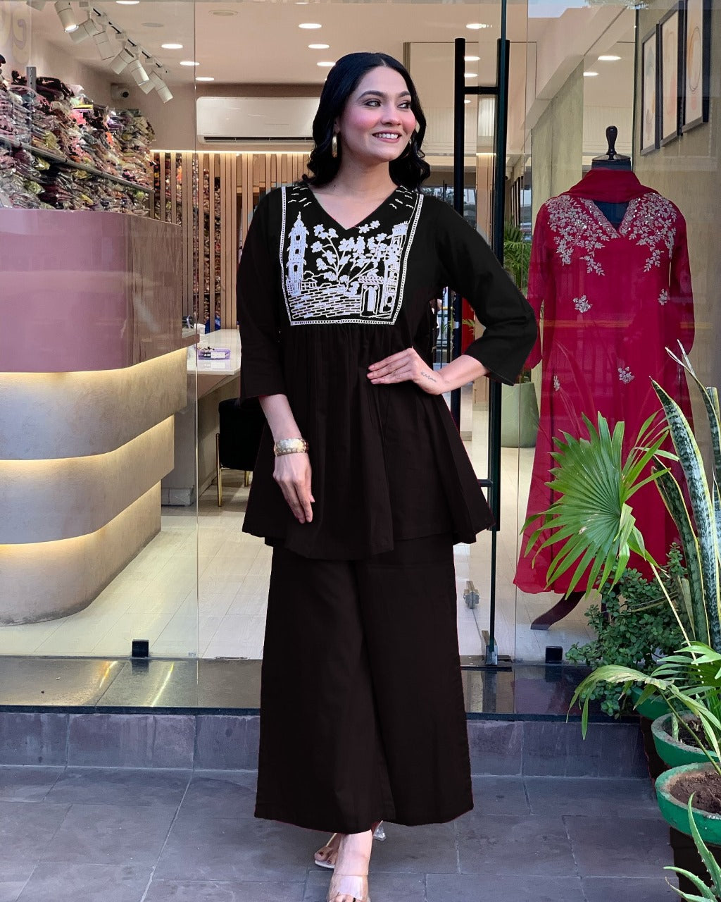 Women Trendy Embroidred Cotton Black Kurta With Pant