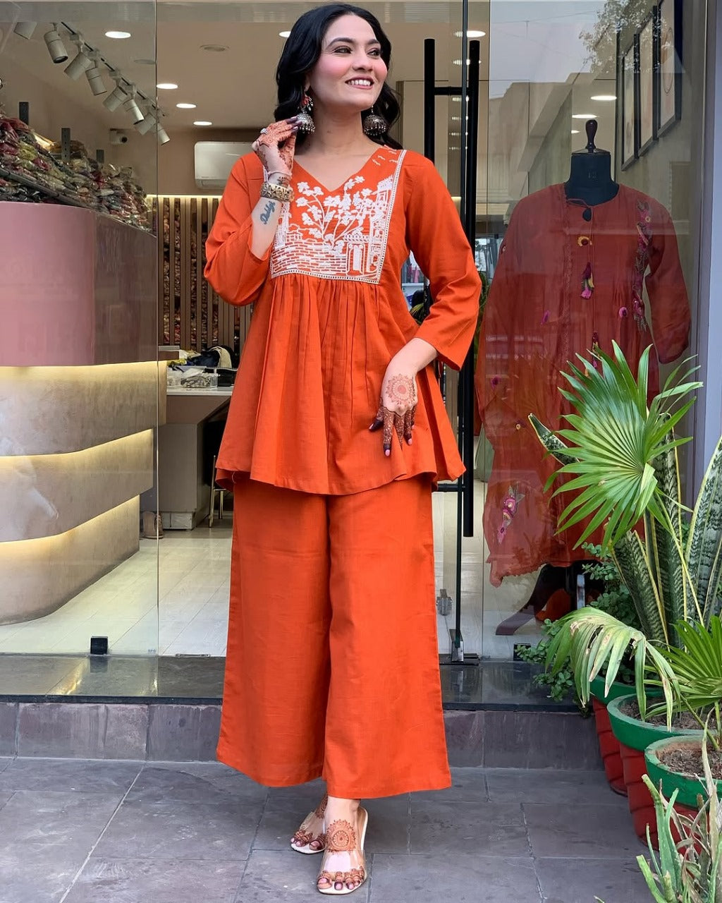 Women Attractive Embroidred Cotton Orange Kurta With Pant
