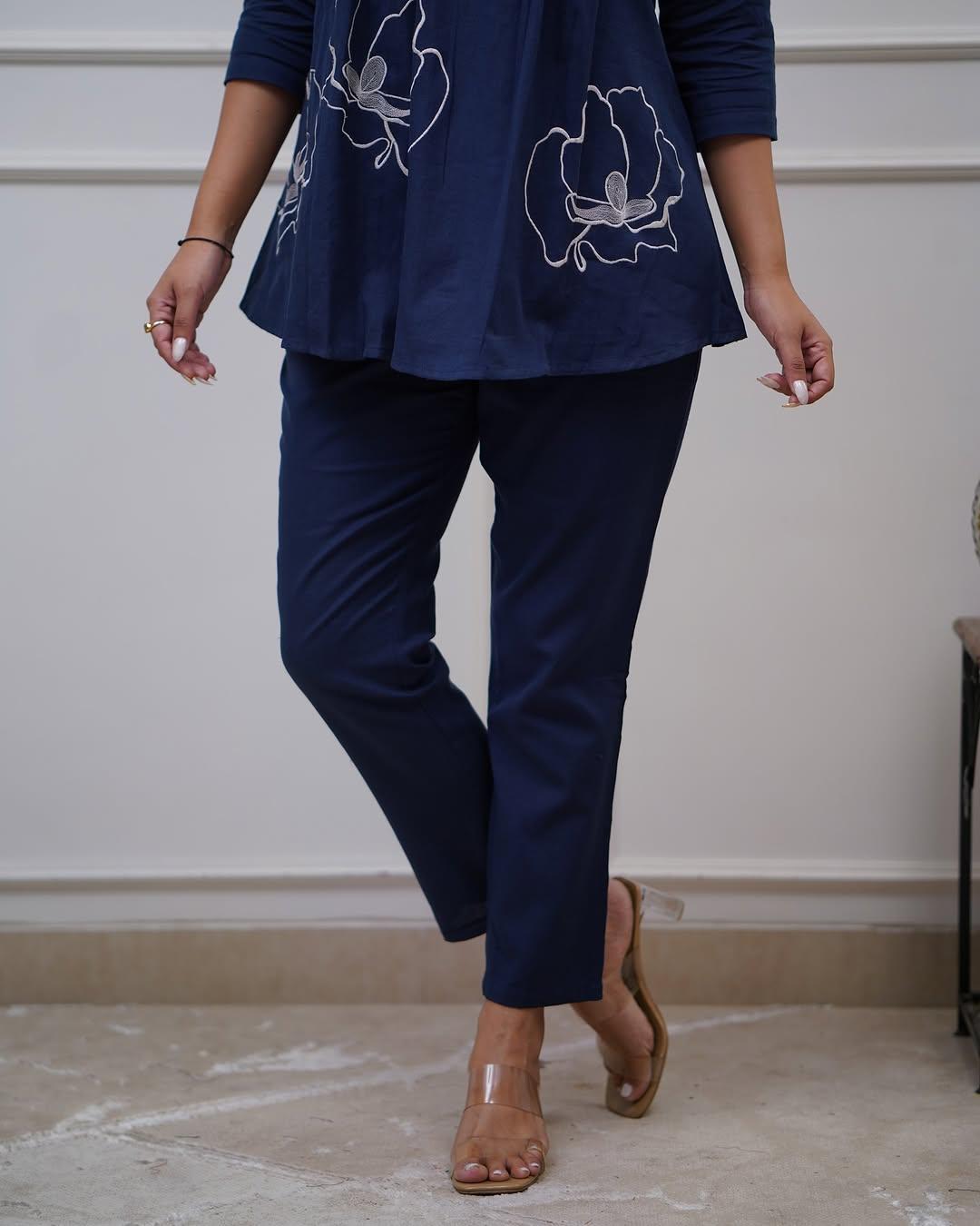 Women Casual Wear Embroidred Cotton Blue Kurta With Pant