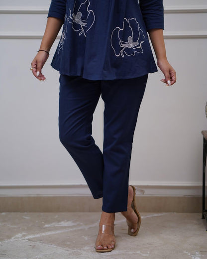 Women Casual Wear Embroidred Cotton Blue Kurta With Pant