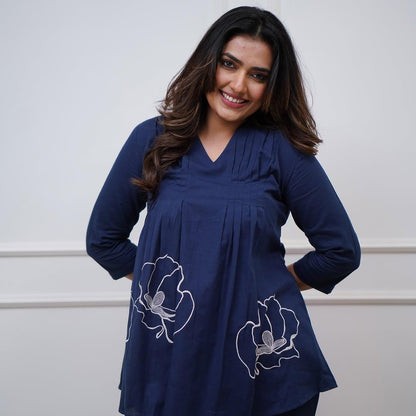 Women Casual Wear Embroidred Cotton Blue Kurta With Pant