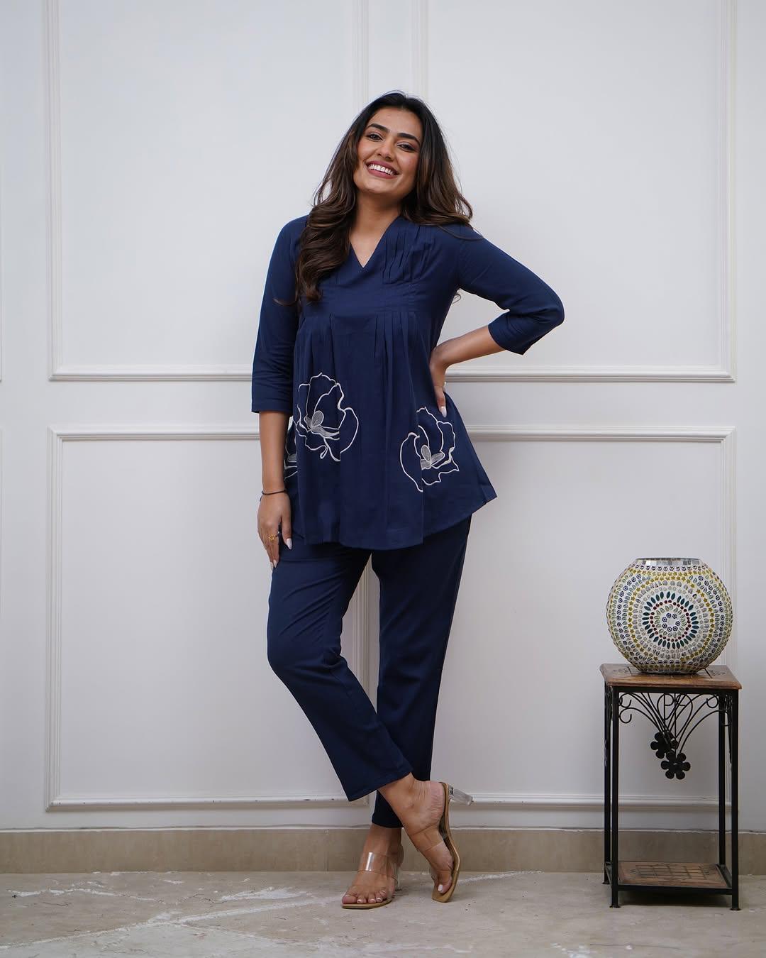 Women Casual Wear Embroidred Cotton Blue Kurta With Pant