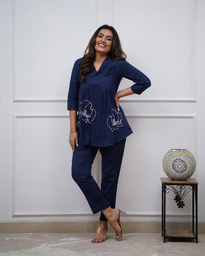 Women Casual Wear Embroidred Cotton Blue Kurta With Pant