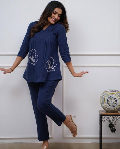 Women Casual Wear Embroidred Cotton Blue Kurta With Pant