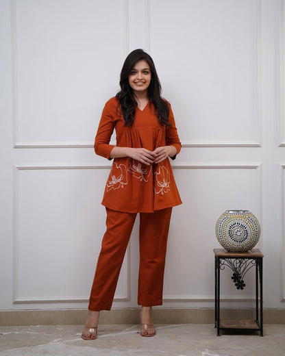 Women Casual Wear Embroidred Cotton Rust Kurta With Pant
