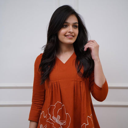 Women Casual Wear Embroidred Cotton Rust Kurta With Pant