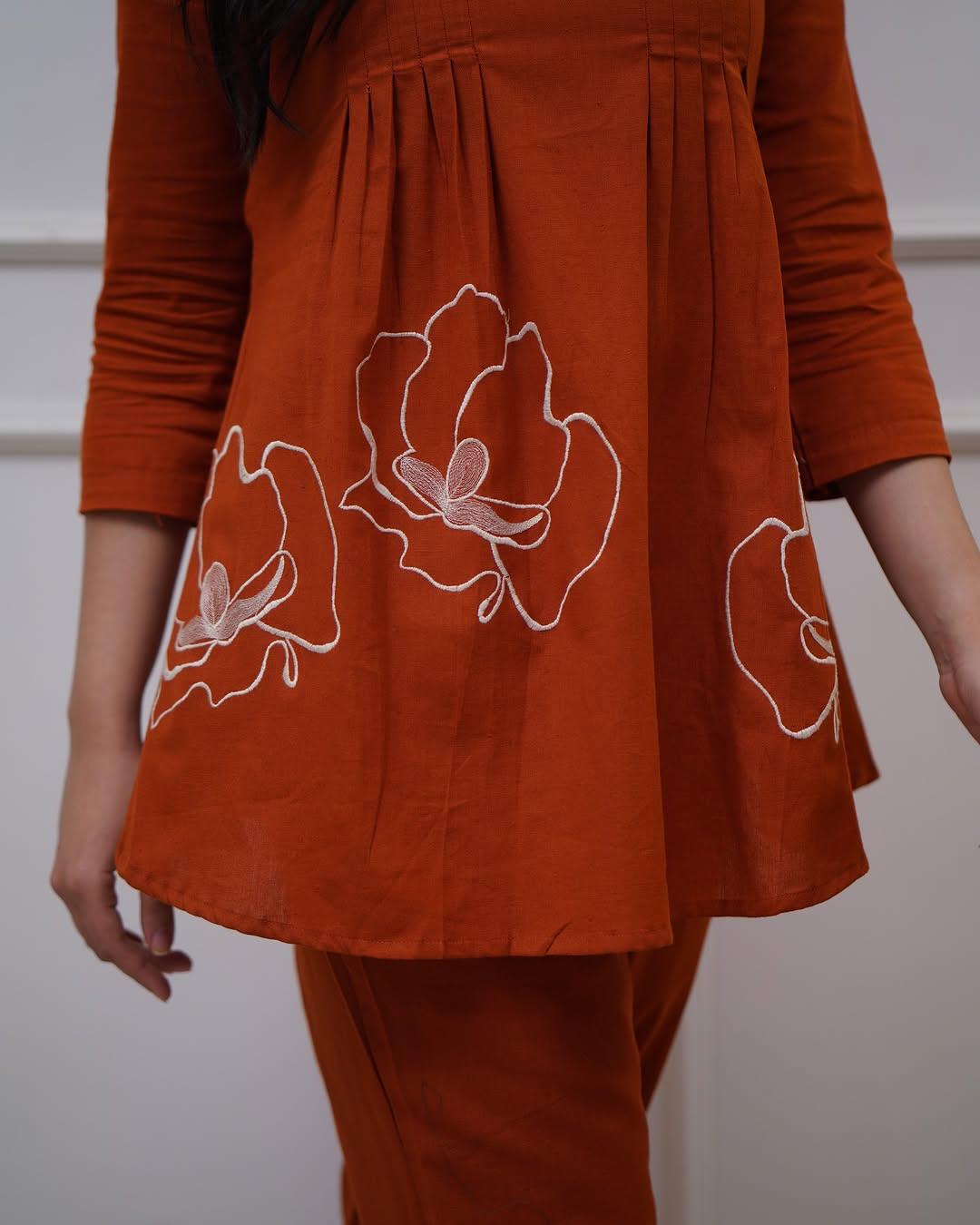 Women Casual Wear Embroidred Cotton Rust Kurta With Pant