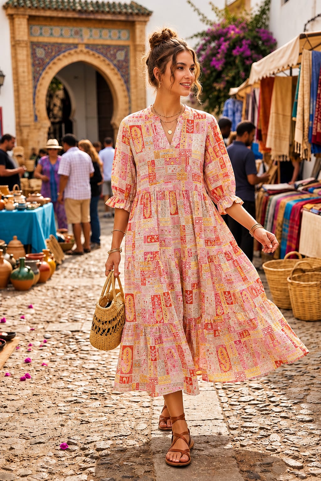 Peach Printed Cotton Tiered Midi Dress for Women