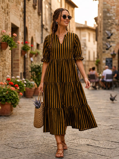 Black Mustard Striped Tiered Cotton Midi Dress