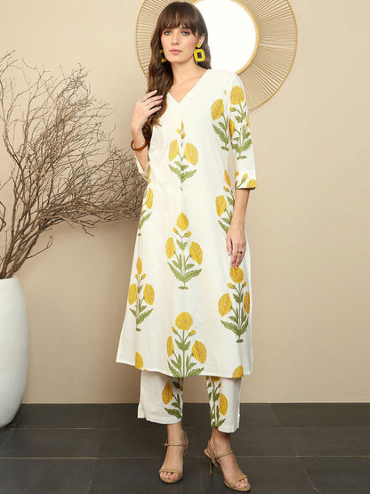 White Yellow Floral Printed Cotton Kurta Pant Set