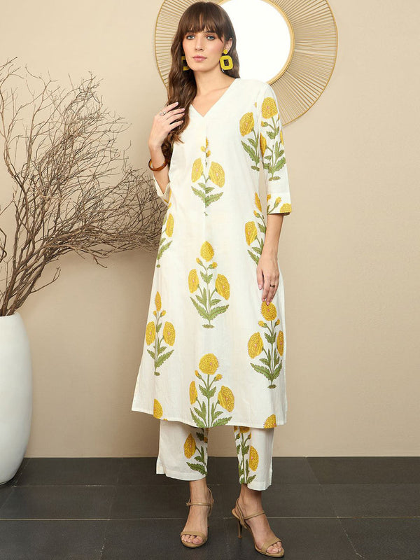 White Yellow Floral Printed Cotton Kurta Pant Set