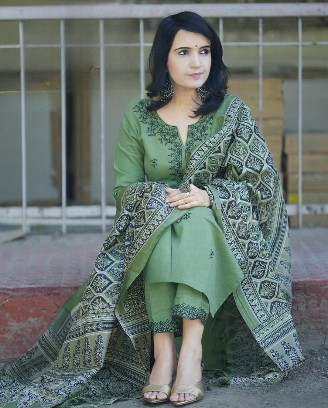 Olive Green Embroidered Cotton Kurta Pant Dupatta Set