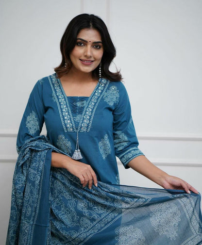 Teal Blue Handwork Cotton Kurta Pant Dupatta Set