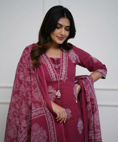 Maroon Handwork Cotton Kurta Pant Dupatta Set
