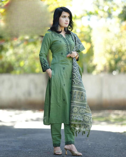Olive Green Embroidered Cotton Kurta Pant Dupatta Set