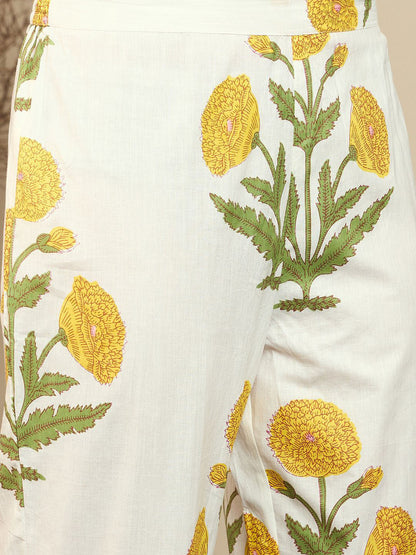 White Yellow Floral Printed Cotton Kurta Pant Set