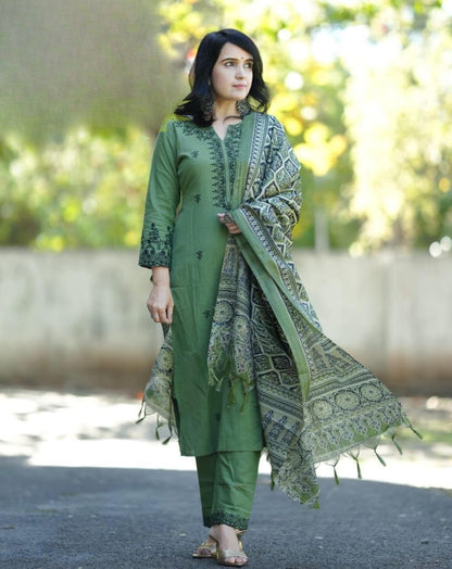 Olive Green Embroidered Cotton Kurta Pant Dupatta Set