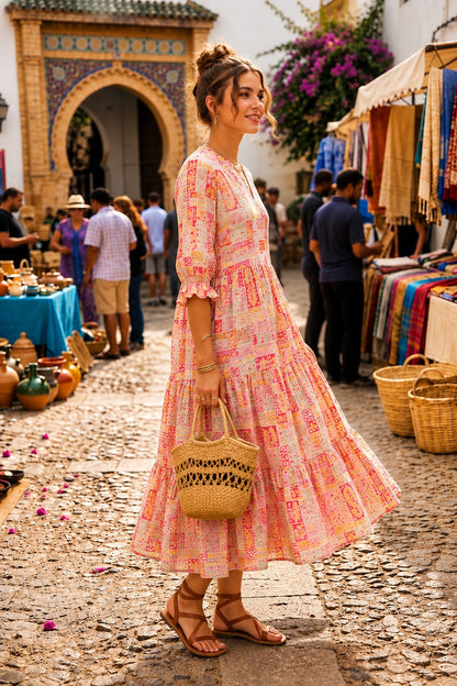 Peach Printed Cotton Tiered Midi Dress for Women