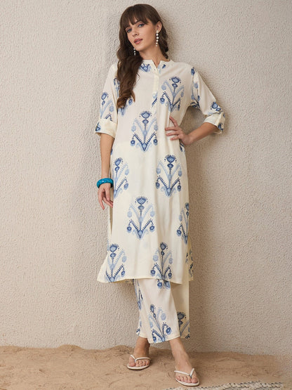 Ivory Blue Printed Cotton Kurta Palazzo Set