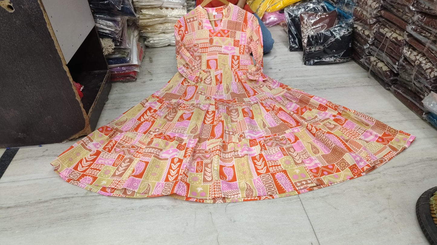 Peach Printed Cotton Tiered Midi Dress for Women