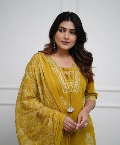 Mustard Handwork Cotton Kurta Pant Dupatta Set