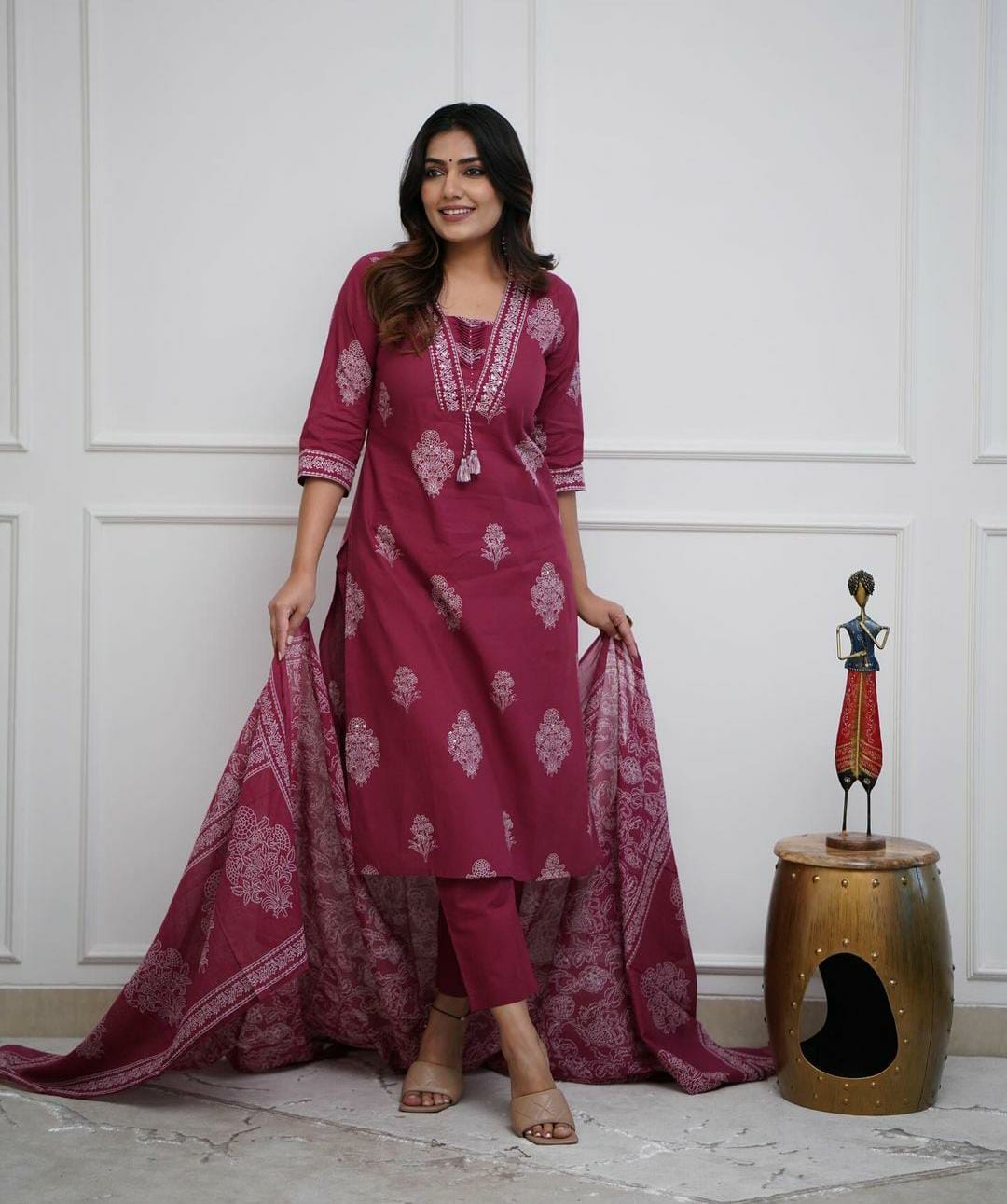 Maroon Handwork Cotton Kurta Pant Dupatta Set