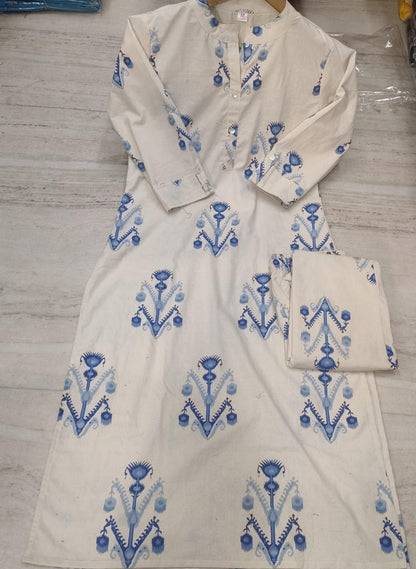 Ivory Blue Printed Cotton Kurta Palazzo Set