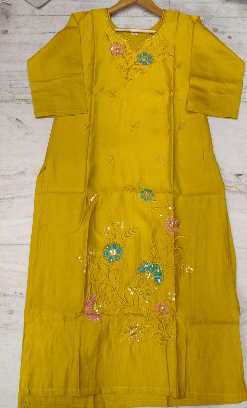 Mustard Embroidered Cotton Kurta Pant Dupatta Set