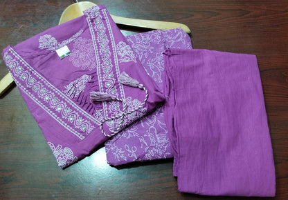 Mauve Handwork Cotton Kurta Pant Dupatta Set